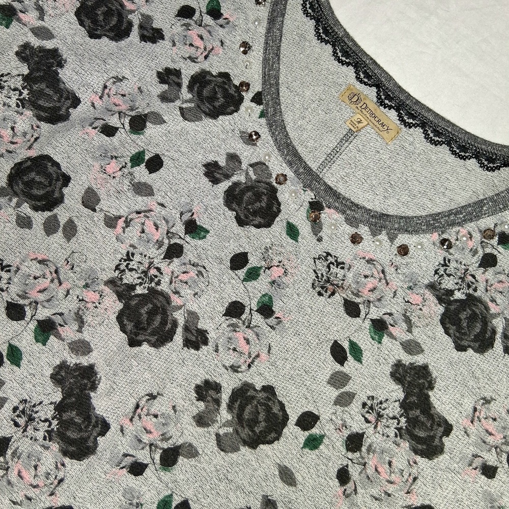 Democracy Womens Gray Floral‎ Long Sleeve Blouse Top Embellished Sequin Roses M
